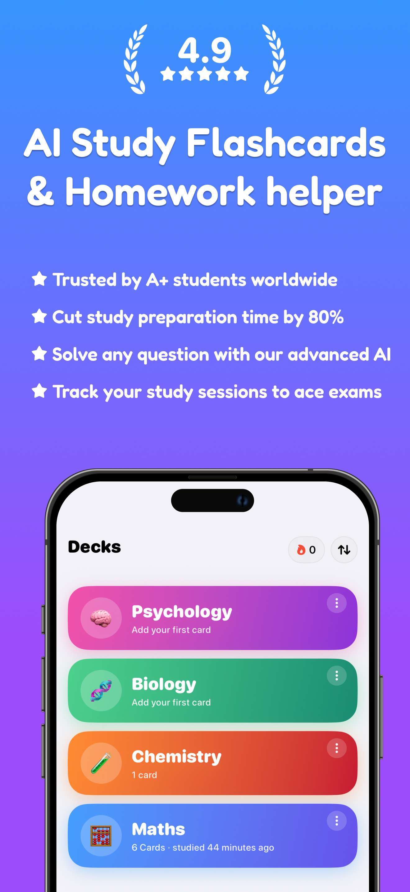 Cardley decks — AI flashcards and study helper, rated 4.9 stars